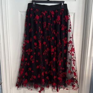 Chic Black and Red Floral A-Line Skirt